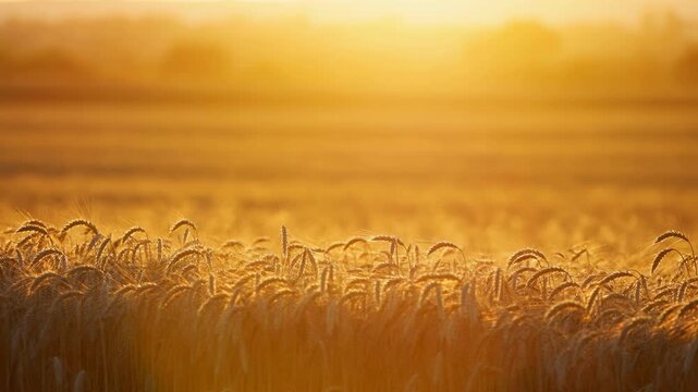 Ripe wheat field glowing in golden backlight with detailed foreground stalks, feathery awns, soft layered distance, warm rural landscape and serene harvest atmosphere