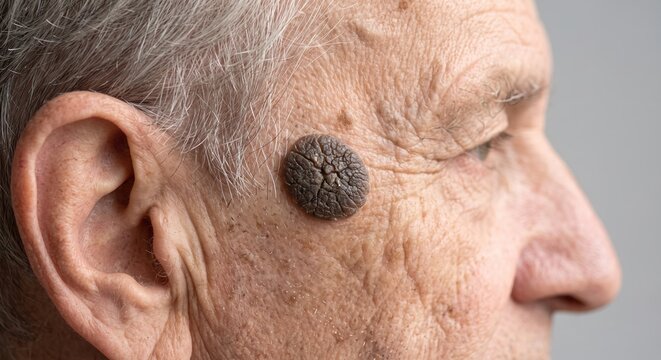 Side profile close-up of senior man with large seborrheic keratosis on temple