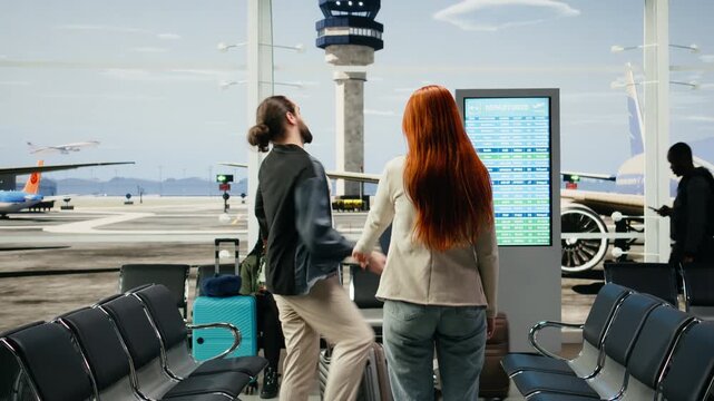 Boyfriend falls down during an airport farewell as he leaves his girlfriend to relocate abroad, showing love and bittersweet separation.