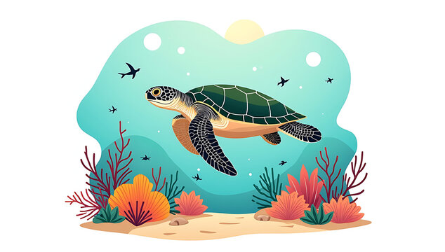 Sea turtle swimming in ocean. Marine life illustration with coral reef and aquatic plants.