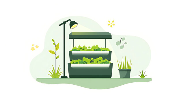 Minimalist indoor hydroponic garden system. Modern vertical farming unit for home plants.
