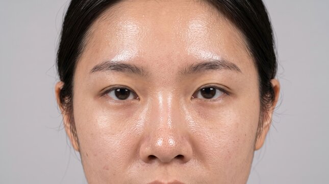 Close Up Portrait of Oily Asian Woman Face Showing Shiny Forehead and T-Zone