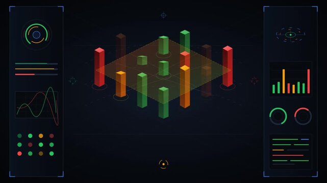 Dynamic isometric 3d bar charts and futuristic data hud interface