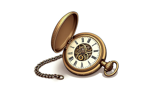 Elegant antique pocket watch with open cover. Vintage gold timepiece with intricate detail.