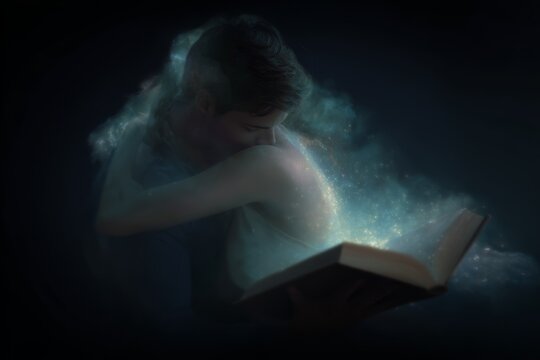 Ethereal embrace between reader and fading character with glowing book for fantasy book cover or background design