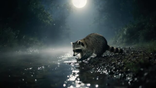Close-up of a raccoon gently dipping its paws into a moonlit stream, tiny water droplets sparkling in silver night light