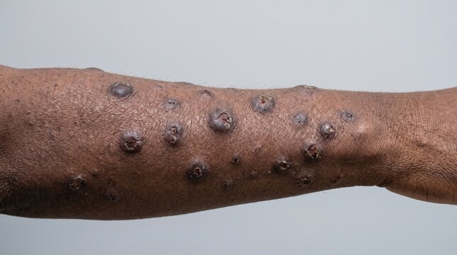 Severe Skin Lesions and Nodules on Dark Skin Forearm Close Up