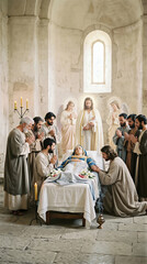 Fototapeta premium Dormition of the Mother of God with Jesus Christ holding infant soul and disciples praying at bedside. Religious scene depicting Mary resting peacefully in ancient stone cathedral.