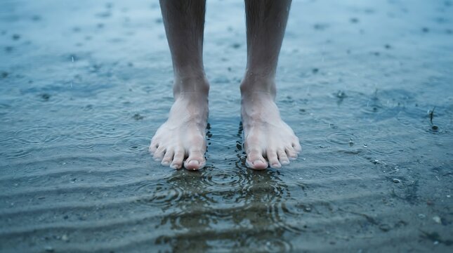 Bare Feet Standing in Shallow Water During a Gentle Rain Shower.