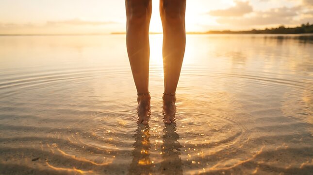 Womans Legs Standing in Calm Ocean Water at Sunset.