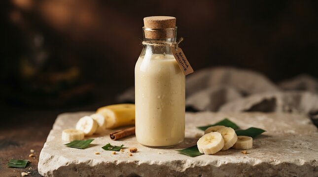 Delicious Homemade Banana Milk in a Glass Bottle with Fresh Ingredients.