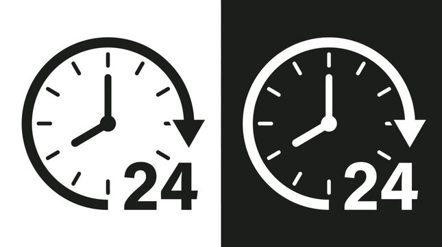Minimalist black and white clock icons featuring a circular arrow design representing continuous twenty four hour daily service availability