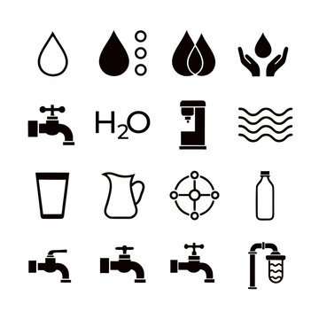 Water Line Icon Set. Rain Drop, Water Tap, H2O Molecule, Glass, Bottle, Pitcher, Purification Filter, Faucet, Aqua Wave Outline and Glyph Vector Collection