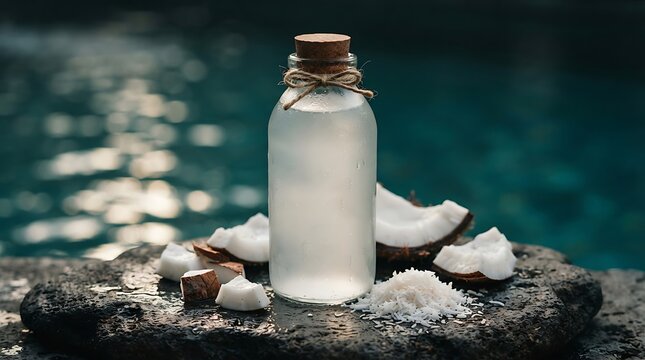 Natural Coconut Oil in a Glass Bottle with Fresh Coconut Chunks by the Water.