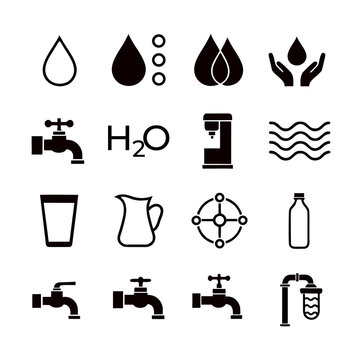 Water Line Icon Set. Rain Drop, Water Tap, H2O Molecule, Glass, Bottle, Pitcher, Purification Filter, Faucet, Aqua Wave Outline and Glyph Vector Collection