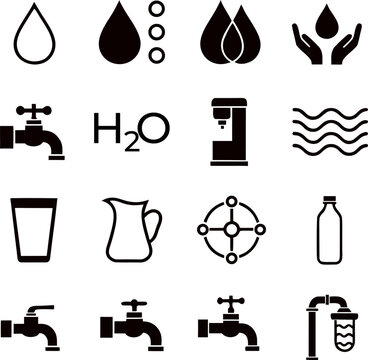 Water Line Icon Set. Rain Drop, Water Tap, H2O Molecule, Glass, Bottle, Pitcher, Purification Filter, Faucet, Aqua Wave Outline and Glyph Vector Collection