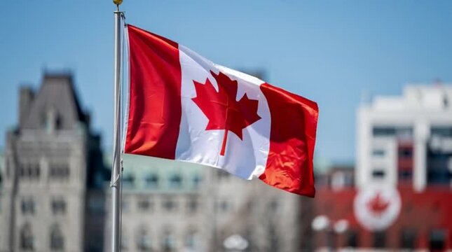 The national flag of Canada waving in the wind against a blurred city background.