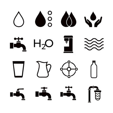 Water Line Icon Set. Rain Drop, Water Tap, H2O Molecule, Glass, Bottle, Pitcher, Purification Filter, Faucet, Aqua Wave Outline and Glyph Vector Collection