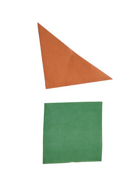Orange triangle and green square paper shapes for creative design projects isolated on transparent background