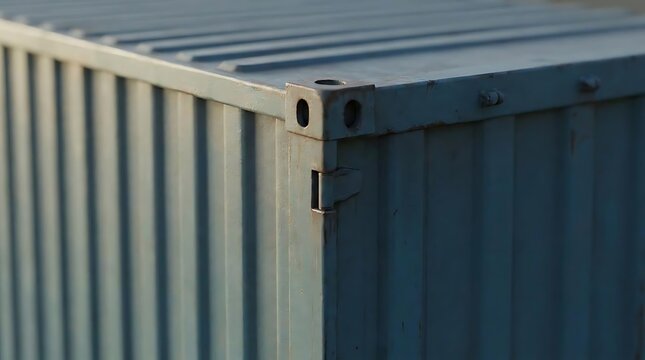 A close-up view of the corner casting and structural metal corner of a 20 foot container in a logistics yard used for shipping freight and goods worldwide
