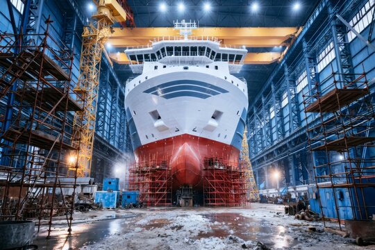 Industrial Shipbuilding Facility Showcasing Newly Built Vessel in Modern Construction Environment