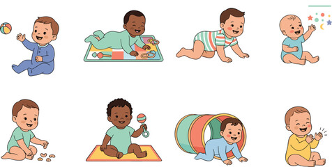 Fototapeta premium Set of cute cartoon vector illustrations of happy babies playing, crawling, and having fun