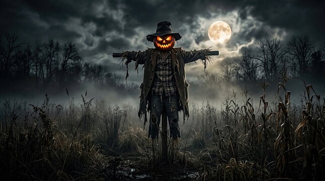 A spooky glowing pumpkin headed scarecrow standing in a dark misty cornfield under a full moon during a creepy and atmospheric halloween night scene
