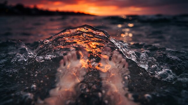 Close up of water splashing with sunset reflection.