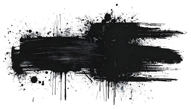 Black Abstract Ink Brush Stroke Splatter and Paint Drips on White Background Texture for Graphic Design Elements