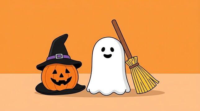 A cute cartoon illustration featuring a smiling jack o lantern pumpkin wearing a witch hat next to a friendly white ghost holding a broom