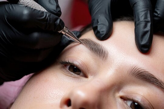 Professional cosmetologist uses needle tool for permanent eyebrow makeup procedure. Specialist wears black protective gloves creating hair strokes on female client face in clinic. Expert technician