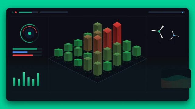 Dynamic isometric data dashboard with fluctuating 3d bar charts