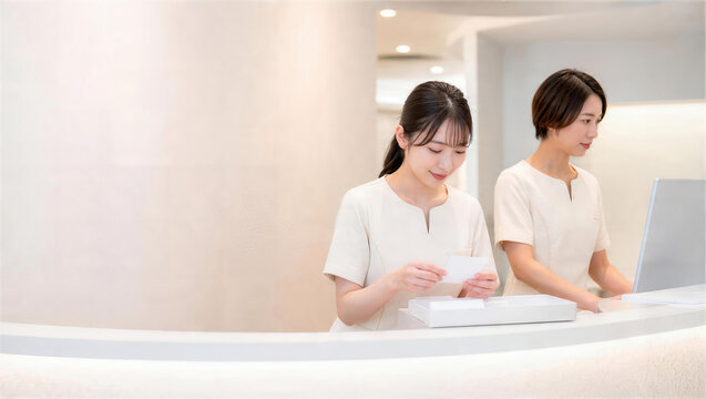 開院前に予約カードと受付画面を確認する美容クリニックスタッフ
