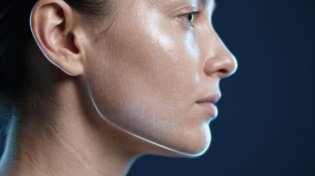 Profile view of woman face with digital glowing jawline contour grid overlay