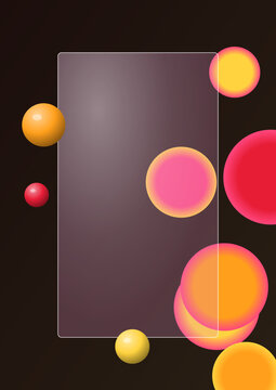 Abstract background featuring glass morphism design with floating colorful spheres and a translucent frosted panel for modern digital interface presentation