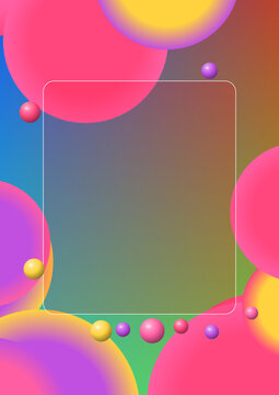 Abstract background featuring a central frosted glass morphism design element surrounded by vibrant colorful floating spheres and a soft gradient backdrop