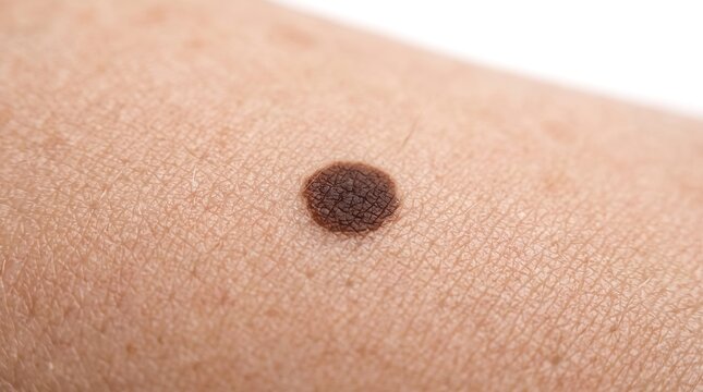 Extreme macro of dark brown pigmented nevus mole on smooth human skin