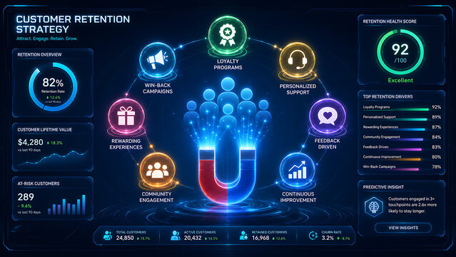Customer Retention Strategy Dashboard with Magnet Attracting People Icons and Data Visualizations