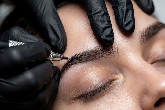 Cosmetologist works with brow microblading pen at beauty salon. Master in black gloves eyebrow tattoo correction for female client face. Pro permanent makeup artist uses tattoo machine tool for skin