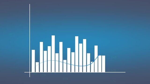 animated motion graphic showing a dynamic bar chart with an increasing blue line graph over a dark blue to light blue gradient background displaying a growing business trend.