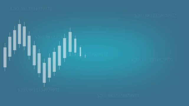 Dynamic financial market analysis displays abstract candlestick chart with fluctuating prices and stock exchange numbers, representing growth and decline of investments in motion graphic.