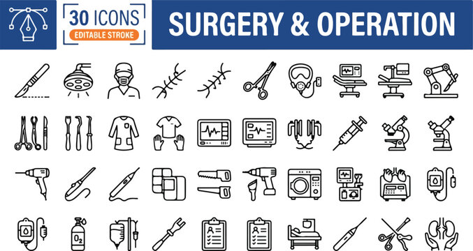 Comprehensive Set of Surgery and Medical Operation Line Icons for Healthcare and Hospital Design