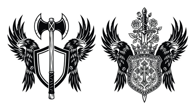 Detailed black and white vector illustration featuring two ferocious ravens holding a sharp battle axe and a royal shield