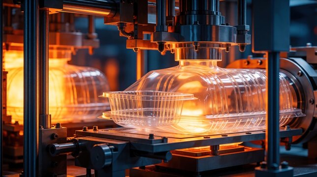 Industrial plastic thermoforming machine produces clear clamshell food containers. Automated factory equipment uses heat to shape transparent plastic packaging. Modern production line manufactures