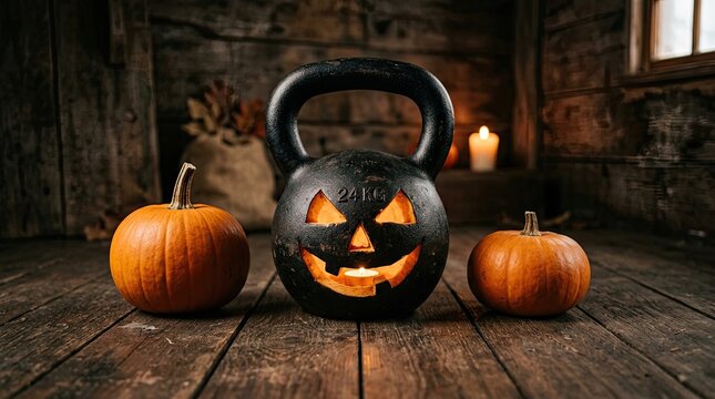 A spooky halloween kettlebell jack o lantern sits on a rustic wooden floor surrounded by orange pumpkins in a dark and moody haunted room