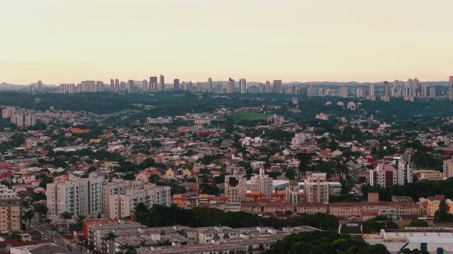 Golden dusk sky over the high rise skyline of Curitiba Parana, Parana, Brazil
