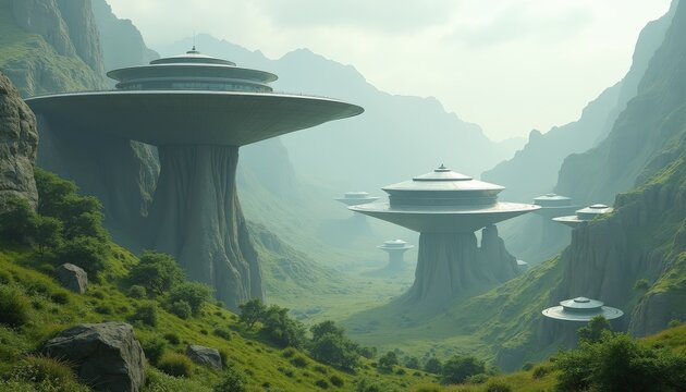 Futuristic alien colony with disc-shaped structures atop mountainous cliffs, lush green valley landscape, advanced