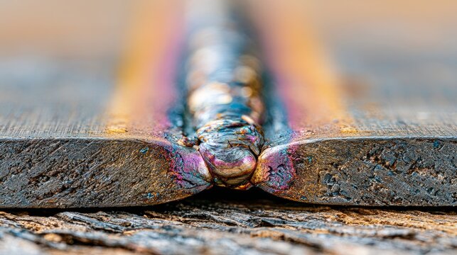 Close-Up Macro Shot of Welded Metal Surface with Vivid Colors and Texture Details