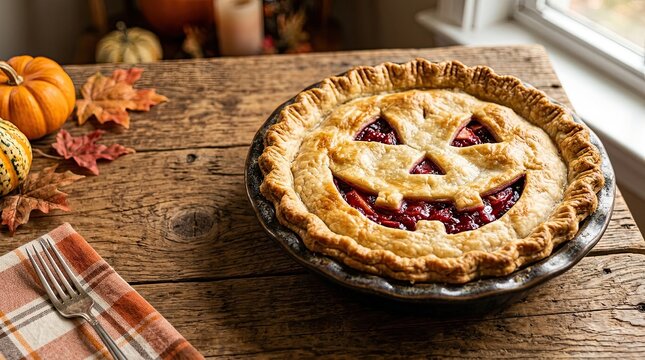 A delicious homemade berry pie with a spooky jack o lantern face carved into the golden crust sitting on a rustic wooden table for halloween