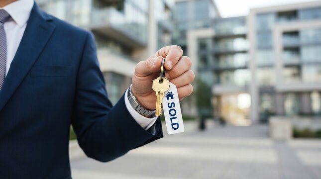 Man in navy suit holding keys with sold tag in urban setting with real estate